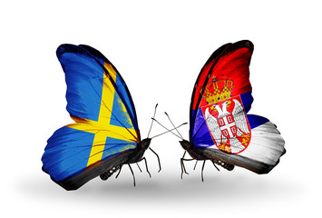 Two butterflies with flags Sweden and Serbia