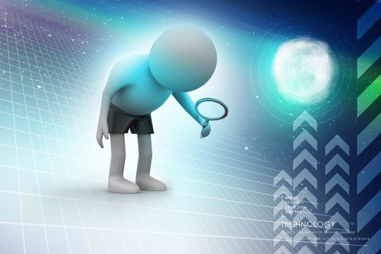 3d man standing and holding magnifying glass