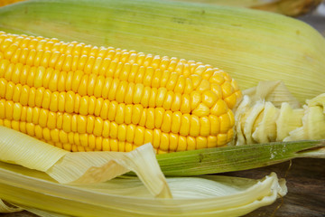 Corn cobs on wood background, still life.