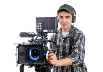 young cameraman with movie camera