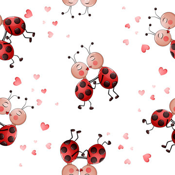 Seamless pattern with cute couple of lady bugs kissing.