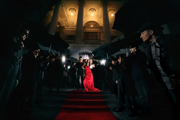 woman in red dress on the red carpet photos of paparazzi - obrazy, fototapety, plakaty