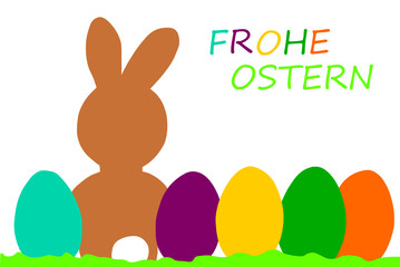 Farbiger Osterhase mit Ostereiern und Text