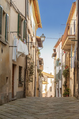 Fototapeta na wymiar Old streets of greenery a medieval Tuscan town.