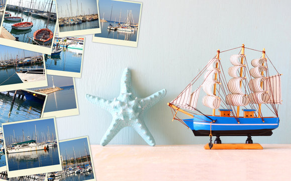 collage with yachts, boats, lighthouse and a coast. Nautical con