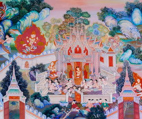 Buddhist temple mural painting in Thailand © boonsom