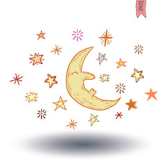 Moon and stars at night. vector illustration.
