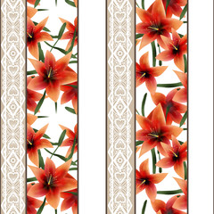 Seamless floral lace pattern with orange lilly flowers backgroun