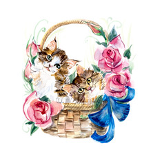 Two kitten on the basket with flowers.