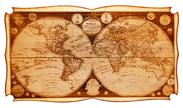 old wooden map of northern and southern hemispheres earth