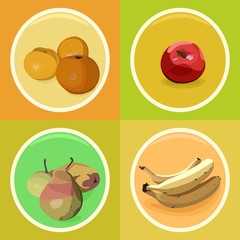 Set of fruit stickers with mandarins, apple, pears and bananas