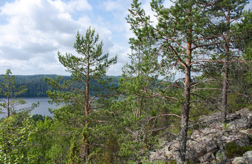 Fototapeta na wymiar View of the bay Kirjavalahtii, lake in Republic of Karelia, Russ
