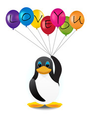 Penguin with colorful balloons and letters