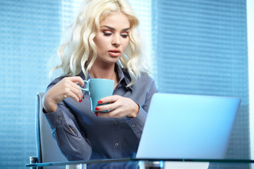 Blonde pretty business woman working at her office. She is very