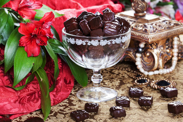 luxury chocolates in a still life with gold casket