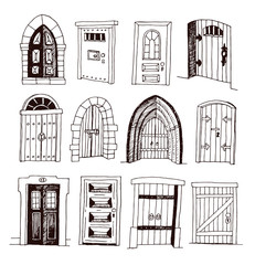 Fototapeta premium Set of old Door icon, illustration vector.