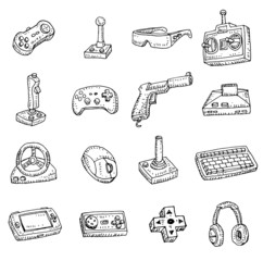 Video game icons set, doodle illustration.