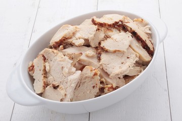 roast pulled chicken in serving dish