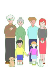 祖父母と父母と子供たちとペット