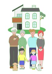 Obraz na płótnie Canvas 祖父母と父母と子供たちとペットとマイホーム