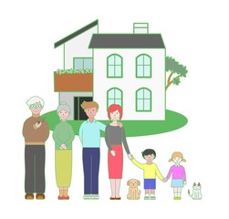 祖父母と父母と子供たちとペットとマイホーム