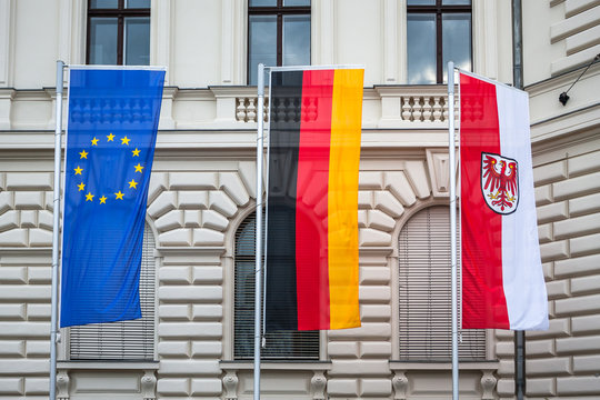 Flags of Brandenburg, Europe Union (EU) and Germany.
