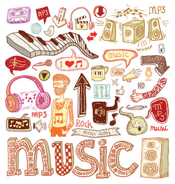 Music doodle collection, hand drawn illustration.
