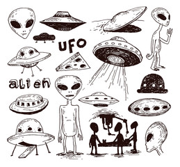 Set of alien and ufo icon, hand drawn vector illustration.