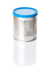 Empty tin can with blue lid over white background 