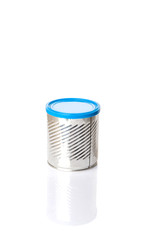 Empty tin can with blue lid over white background 