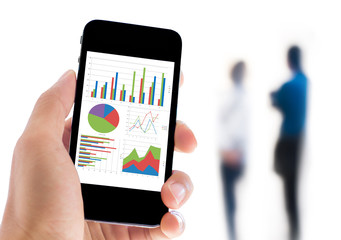 hand holding mobile phone with analyzing graph
