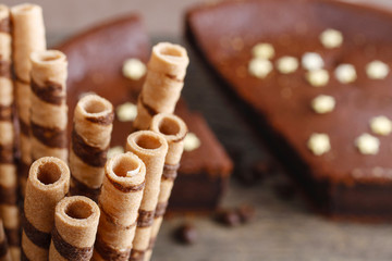 Striped wafer rolls, delicious chocolate snack