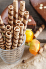 Striped wafer rolls, delicious chocolate snack