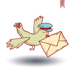 carrier pigeon with pilot cap and letter.