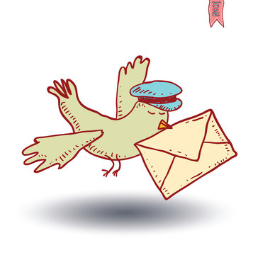 Carrier Pigeon With Pilot Cap And Letter.