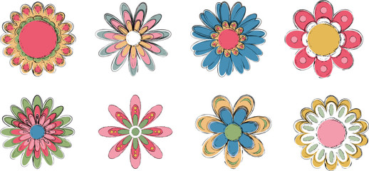 set of colorful flowers with pencil lines