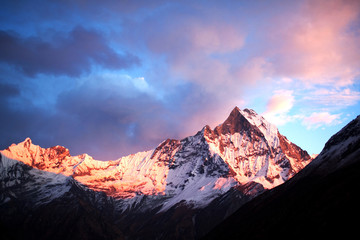 Holy mount Machapuchare (Fishtail) at sunrise, Nepal