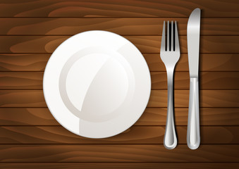 Dinner plate, knife and fork