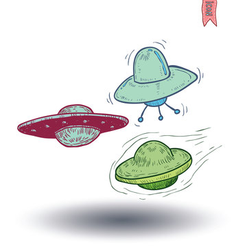 Set of ufo icon, hand drawn vector illustration.