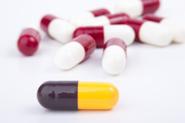 close-up of medical capsules isolated on white background