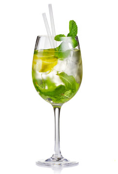 Alcohol cocktail (Hugo) with lime and mint isolated