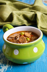Soup with small pasta, vegetables and croutons