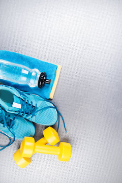 Fitness and healthy life. Conceptual photo Various accessories f