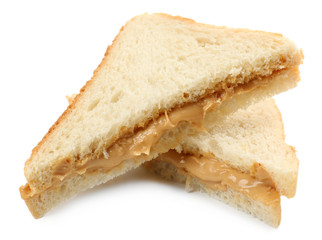 Fototapeta na wymiar Bread slice with creamy peanut butter, isolated on white