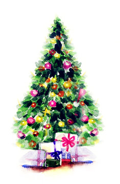 decorated Christmas tree .watercolor illustration