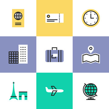Travel and vacation pictogram icons set