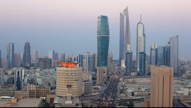High angle view of the Kuwait City at dusk. Middle East