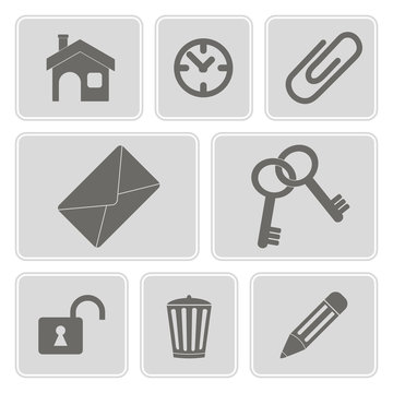 set of monochrome icons with symbols of work in the office