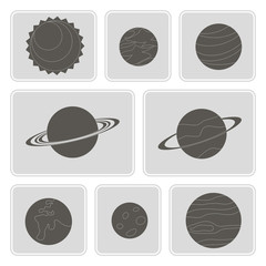 set of monochrome icons with planets of the solar system