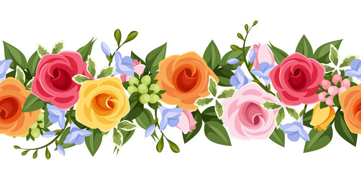 Horizontal seamless background with colorful roses and freesia.